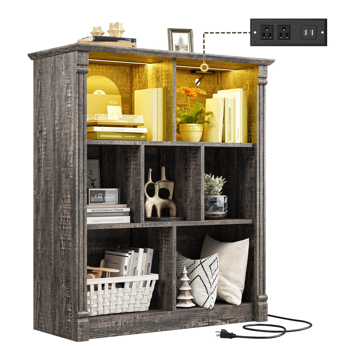 EnHomee 7 Cube Bookshelf Cubby Storage Organizer with LED Lights and Charging Station, Wood Shelf Display Cabinet for Bedroom, Living Room, Office Black Oak EnHomee