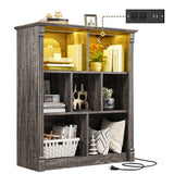 EnHomee 7 Cube Bookshelf Cubby Storage Organizer with LED Lights and Charging Station, Wood Shelf Display Cabinet for Bedroom, Living Room, Office Black Oak EnHomee