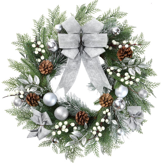 Sggvecsy 20 Inch Artificial Christmas Wreath for Front Door with Pine Needles White Berries Pine Cones Silver Bow Christmas Ball Decorations for Winter Wall Outdoor Home Holiday Xmas Decor