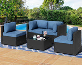 Shintenchi 5 Pieces Outdoor Patio Sectional Sofa Couch, Black PE Wicker Furniture Sets, Patio Conversation Sets with Washable Cushions Glass Coffee Table for Garden, Poolside, Backyard, Aegean Blue Shintenchi