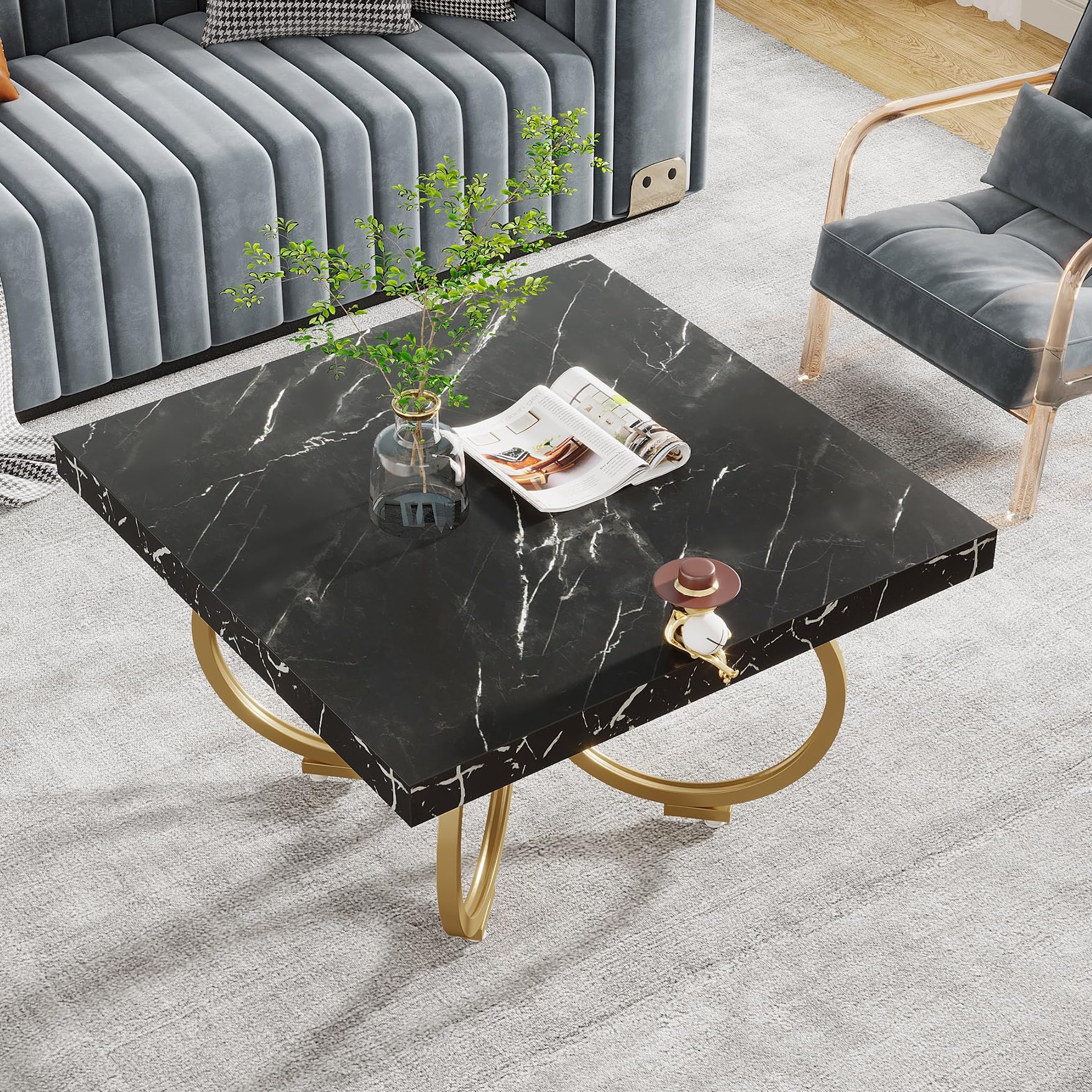 Tribesigns Square Coffee Table, 31.5 Inch Modern Black Cocktail Table with Gold Geometric Frame, Faux Marble Center Table Tea Table for Living Room, Simple Assembly (Black & Gold) - WoodArtSupply