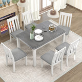 CITYLIGHT 7 Pieces Dining Table Set with Extendable Tabletop and 6 Upholstered Chairs, Solid Wood Kitchen Dining Room Table Set, Kitchen Furniture Set for 6-8 People, Gray Tabletop + White CITYLIGHT