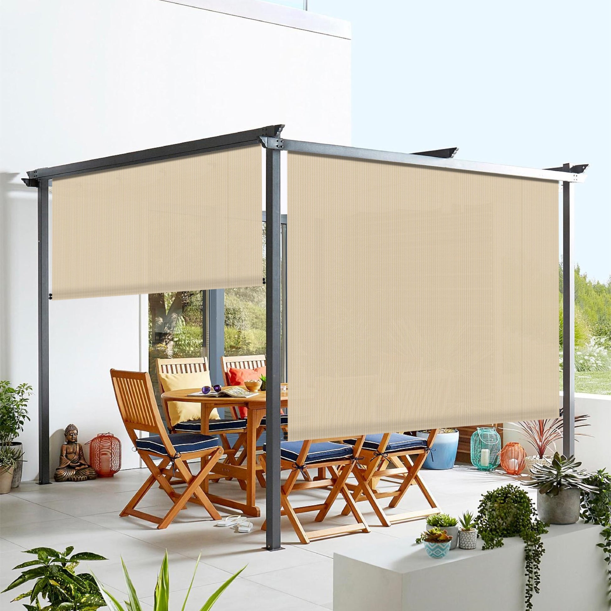 Windscreen4less Outdoor Shade Blinds Patio Roll Up Blackout Shades Exterior Roller Privacy Screen for Pergola Balcony Porch Carport Deck Window, 8' W x 6' L Beige - WoodArtSupply