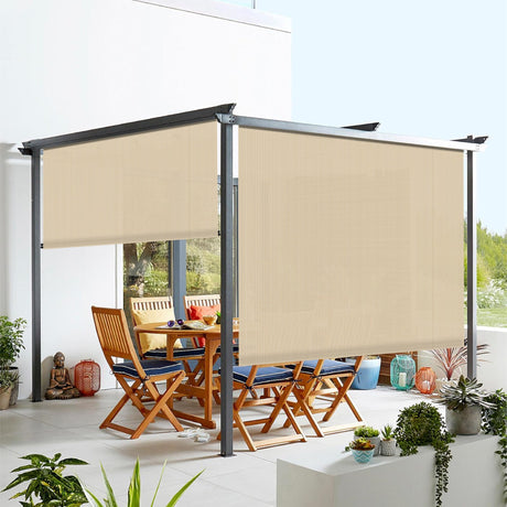 Windscreen4less Outdoor Shade Blinds Patio Roll Up Blackout Shades Exterior Roller Privacy Screen for Pergola Balcony Porch Carport Deck Window, 8' W x 6' L Beige Windscreen4less