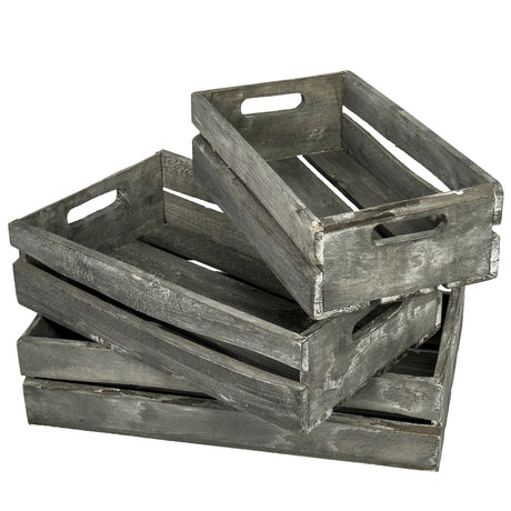 MyGift Rustic Weathered Gray Wood Nesting Storage Crates with Cutout Handles, Decorative Coastal Wooden Pallet Stackable Open Top Bin Boxes, 3 Piece Set MyGift