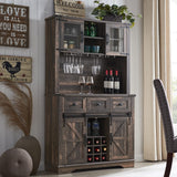 OKD 72" Farmhosue Bar Cabinet with Sliding Barn Door, Large Kitchen Buffet with Hutch w/Wine & Glasses Rack, 3 Drawers, 12 Storage Shelves, Rustic Coffee Bar Sideboard Table, Dark Rustic Oak OKD