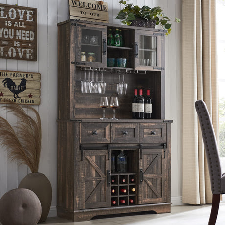OKD 72" Farmhosue Bar Cabinet with Sliding Barn Door, Large Kitchen Buffet with Hutch w/Wine & Glasses Rack, 3 Drawers, 12 Storage Shelves, Rustic Coffee Bar Sideboard Table, Dark Rustic Oak OKD
