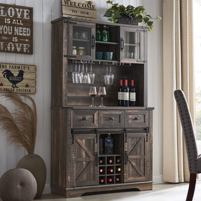 OKD 72" Farmhosue Bar Cabinet with Sliding Barn Door, Large Kitchen Buffet with Hutch w/Wine & Glasses Rack, 3 Drawers, 12 Storage Shelves, Rustic Coffee Bar Sideboard Table, Dark Rustic Oak