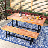 Sophia & William Acacia Wood Patio Dining Set with 1 Table and 2 Benches for 6, Oil Finished Tabletop and Spray Painted Legs, 3 Pieces Patio Dining Furniture for Porch Backyard, Teak and Black Sophia & William