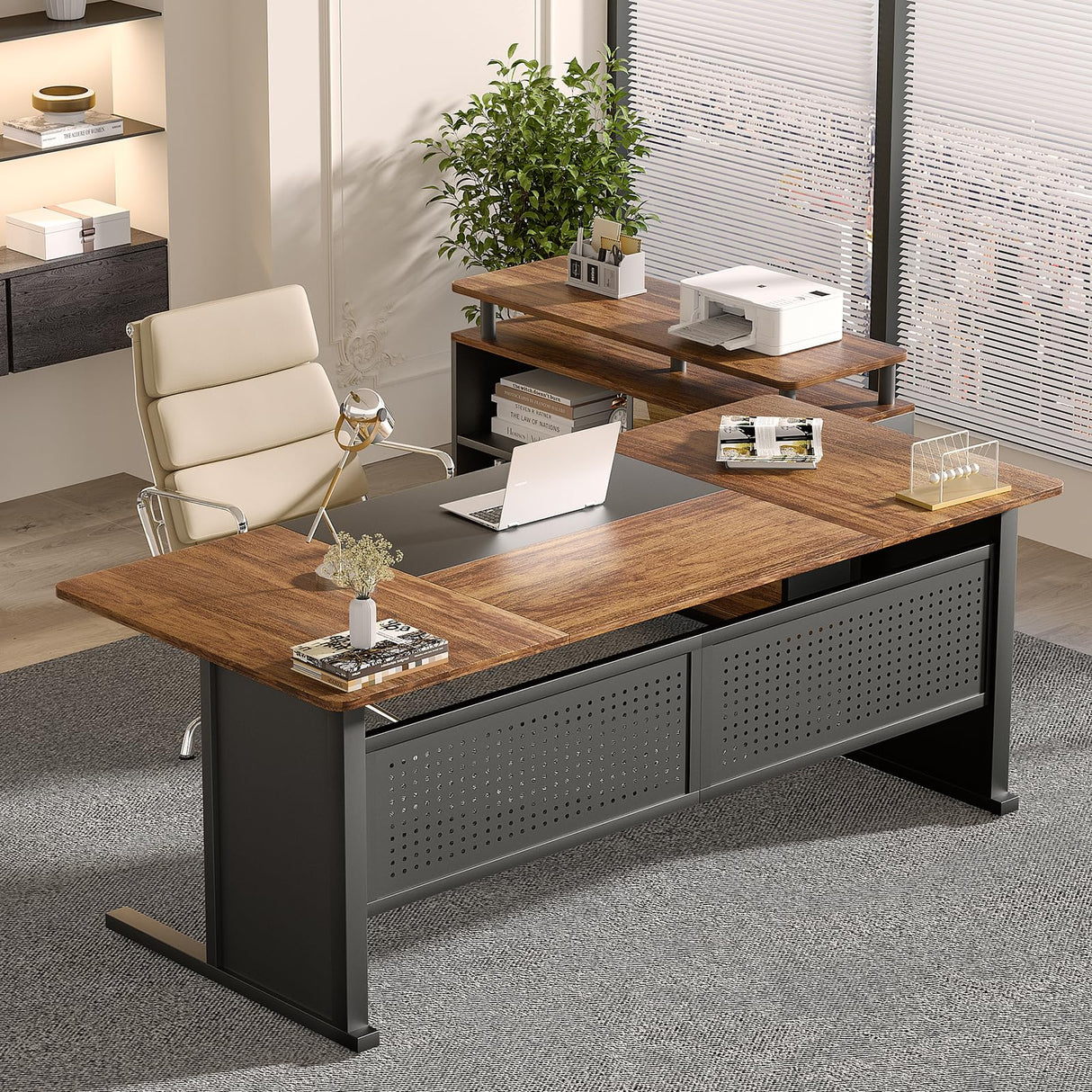 Vagaconl 63" Executive Office Desk Drawer Cabinet,L Shaped Desk with Shelves,Split Computer Desk and lateral Hanging File Cabinet,Home Office Furniture for Home Office, Rustic Brown & Black Vagaconl