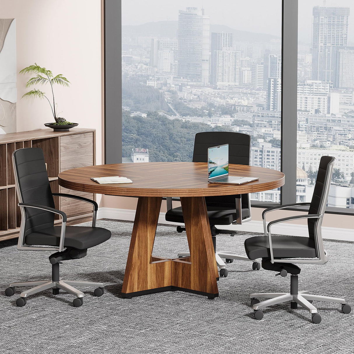 Tribesigns 47-Inch Round Conference Table for 4-6 People, Wooden Meeting Room Table with Thicken Tabletop and Wood Base (Walnut) Tribesigns