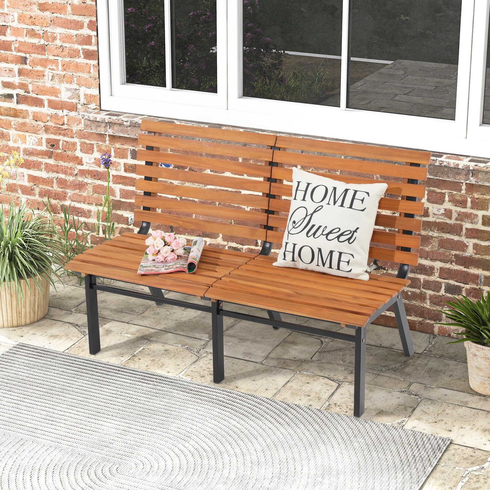 Elegant Acacia Wood Outdoor Bench – 54-Inch Armless Design with Steel Frame for Garden, Porch, and Patio - WoodArtSupply