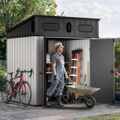 YITAHOME 6x6 ft Outdoor Resin Storage Shed, Waterproof Garden Shed with Windows, Floor, Double Doors, Weather-Resistant Lockable Tool Organizer for Outdoor Tools, Supplies, Bikes, Gray