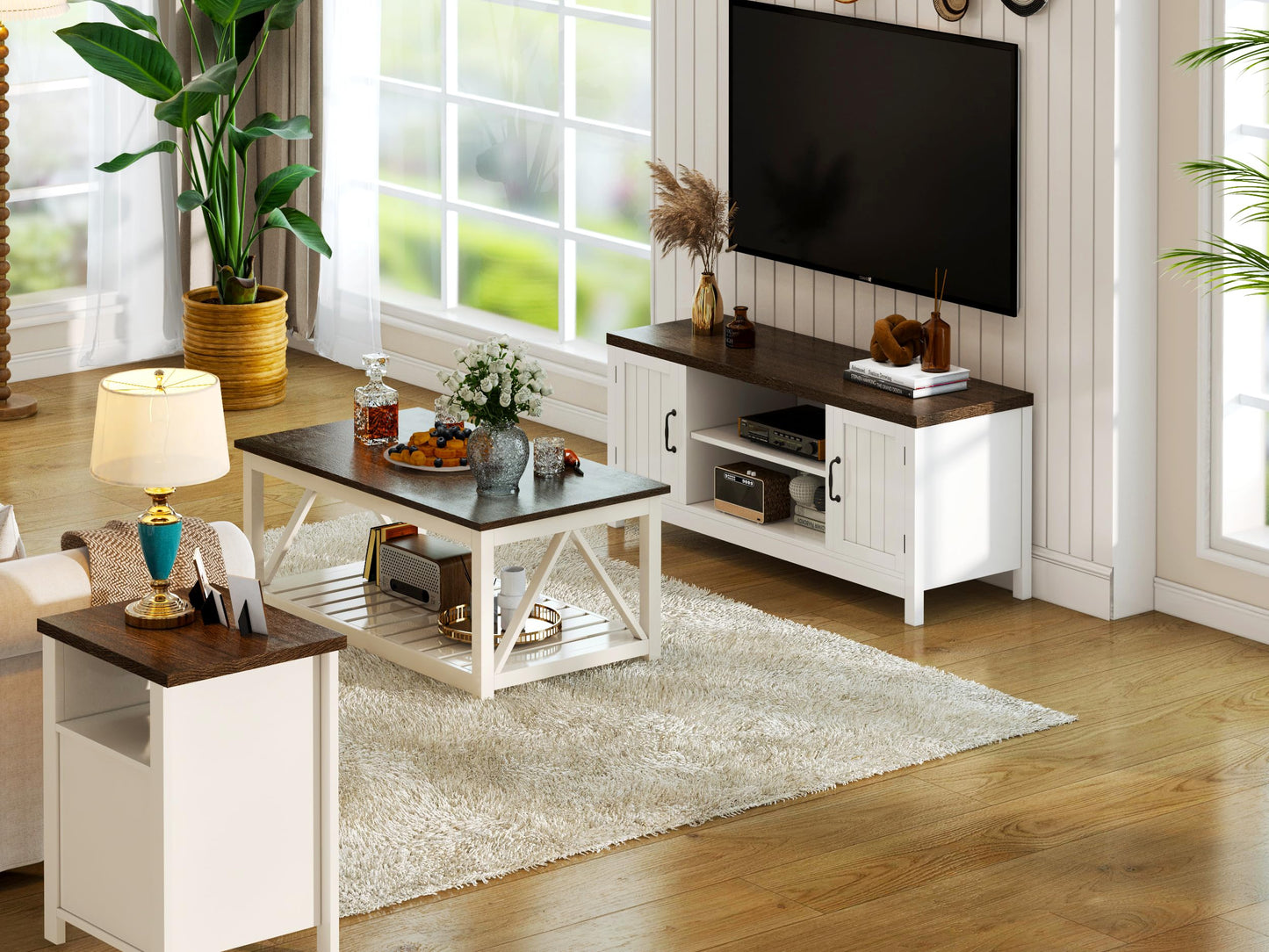 ChooChoo Farmhouse TV Stand, Wood Grooved Door Entertainment Center with Storage Cabinets and Open Shelves, Rustic Media Console up to 55 inches for Living Room, Bedroom, White - WoodArtSupply