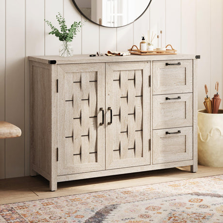 LINSY HOME Farmhouse Sideboard Buffet Cabinets, 43" W Coffee Bar Storage Cabinets with 3 Drawers and 2 Doors, Rustic Accent Cabinet for Dining Room, Kitchen, Home Bar and Living Room, Light Gray LINSY HOME