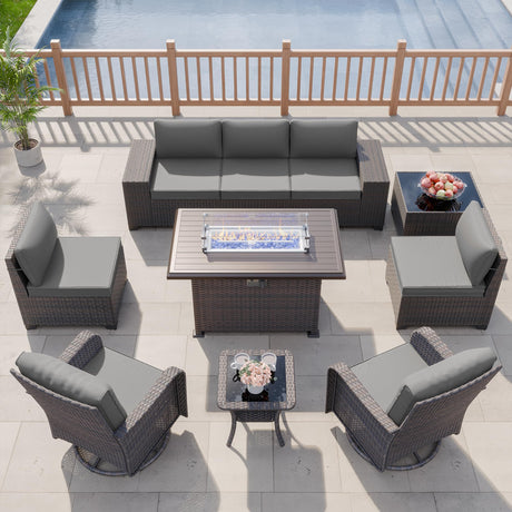 Kurapika 10 Pieces Patio Furniture Set, Rattan Wicker Outdoor Conversation Sets w/43in Propane Fire Pit Table, Swivel Rocking Chairs Patio Sectional Sofa w/4 Inch Cushion, Grey Kurapika