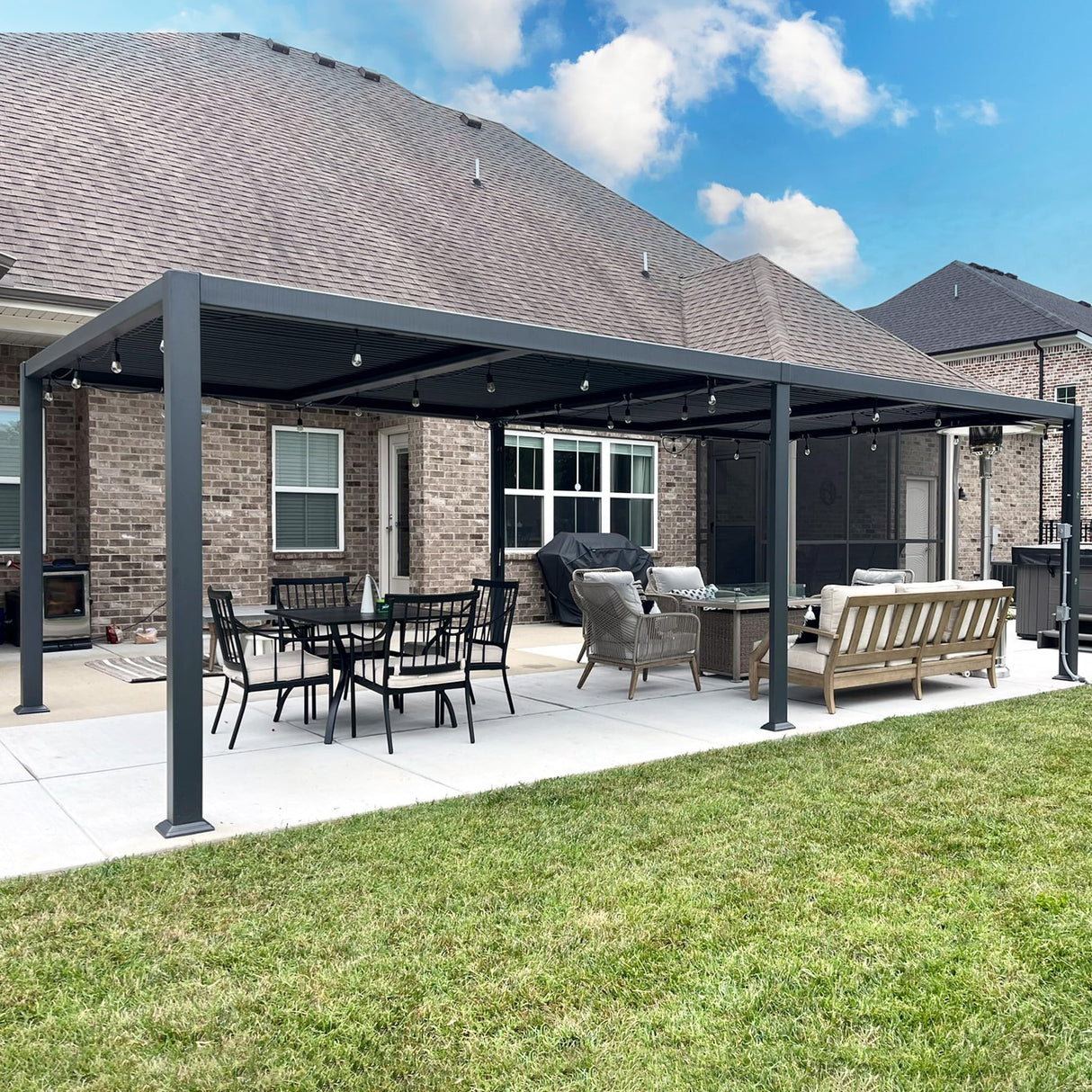 PURPLE LEAF Outdoor Louvered Pergola 11.4' x 23.3' Patio Aluminum Oversize Perogla with String Lights Independent Adjustable Roof for Outdoor Deck Garden Patio PURPLE LEAF