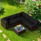 Tangkula 6 Pieces Patio Furniture Set, Outdoor Wicker Conversation Set with Glass Coffee Table, Wicker Sofa Set with Back & Seat Cushions, Rattan Sectional Conversation Couch Set for Backyard Garden Tangkula