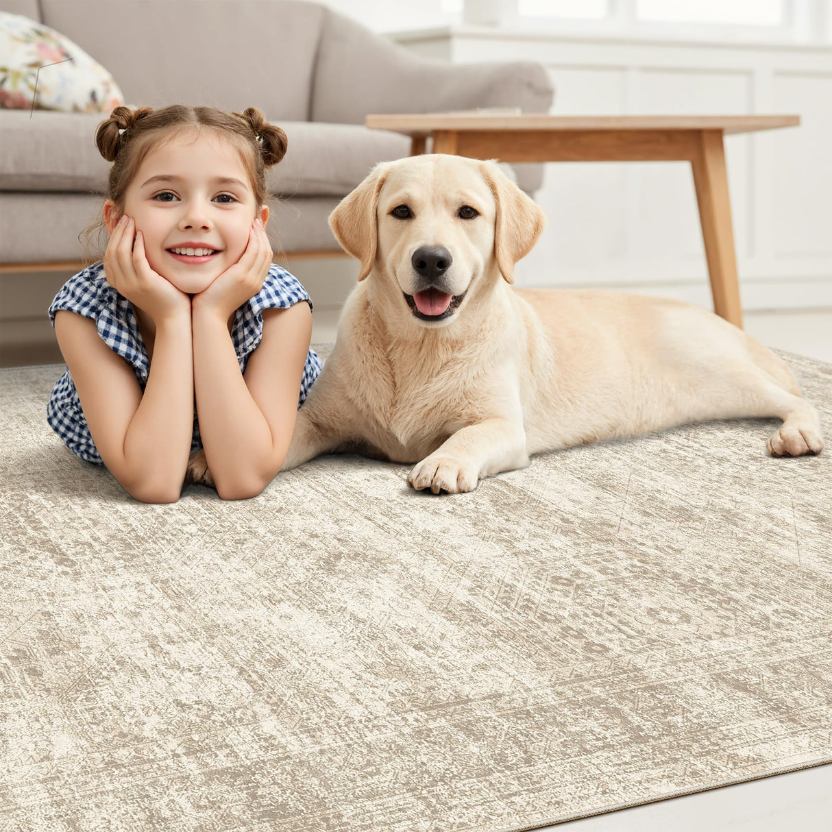 Soalmost Washable Area Rug 8x10, Large Soft Rugs for Living Room Vintage Beige Carpet 8x10 Area Rugs for Bedroom Dining Room Non-Slip Stain Resistant Under Table Rug Soalmost