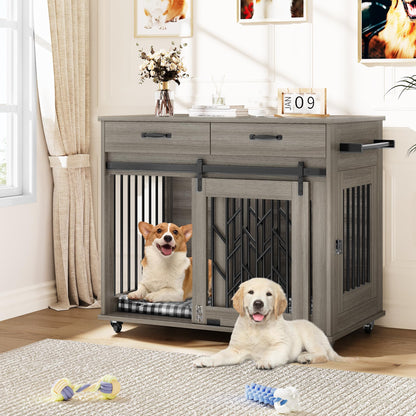 YITAHOME Dog Kennel Furniture for 2 Dogs, 39 inch Double Dog Crate with Storage Drawers, Indoor Wooden Dog House Heavy Duty for 2 Small Medium Dogs, Grey