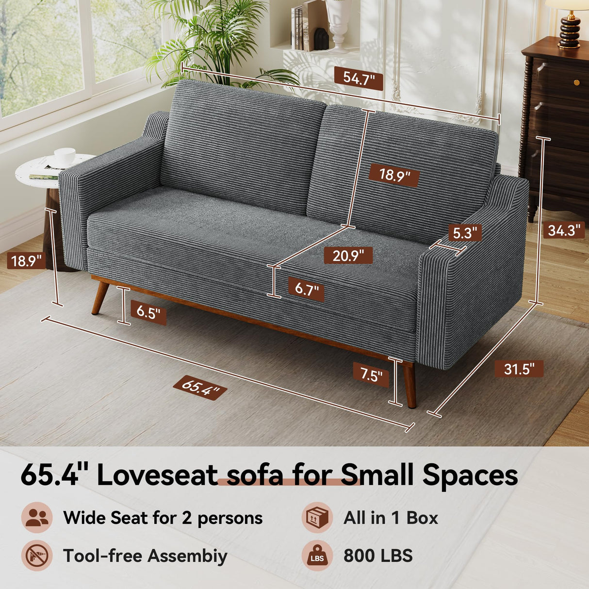 Vipbear 65.4" Loveseat Sofa Grey Corduroy Couch, Mid-Century Modern Small Couches for Living Room, Bedroom, Office, Comfy Sofa with Spring Cushion, Solid Wood Frame, Tool-Free Assembly Vipbear