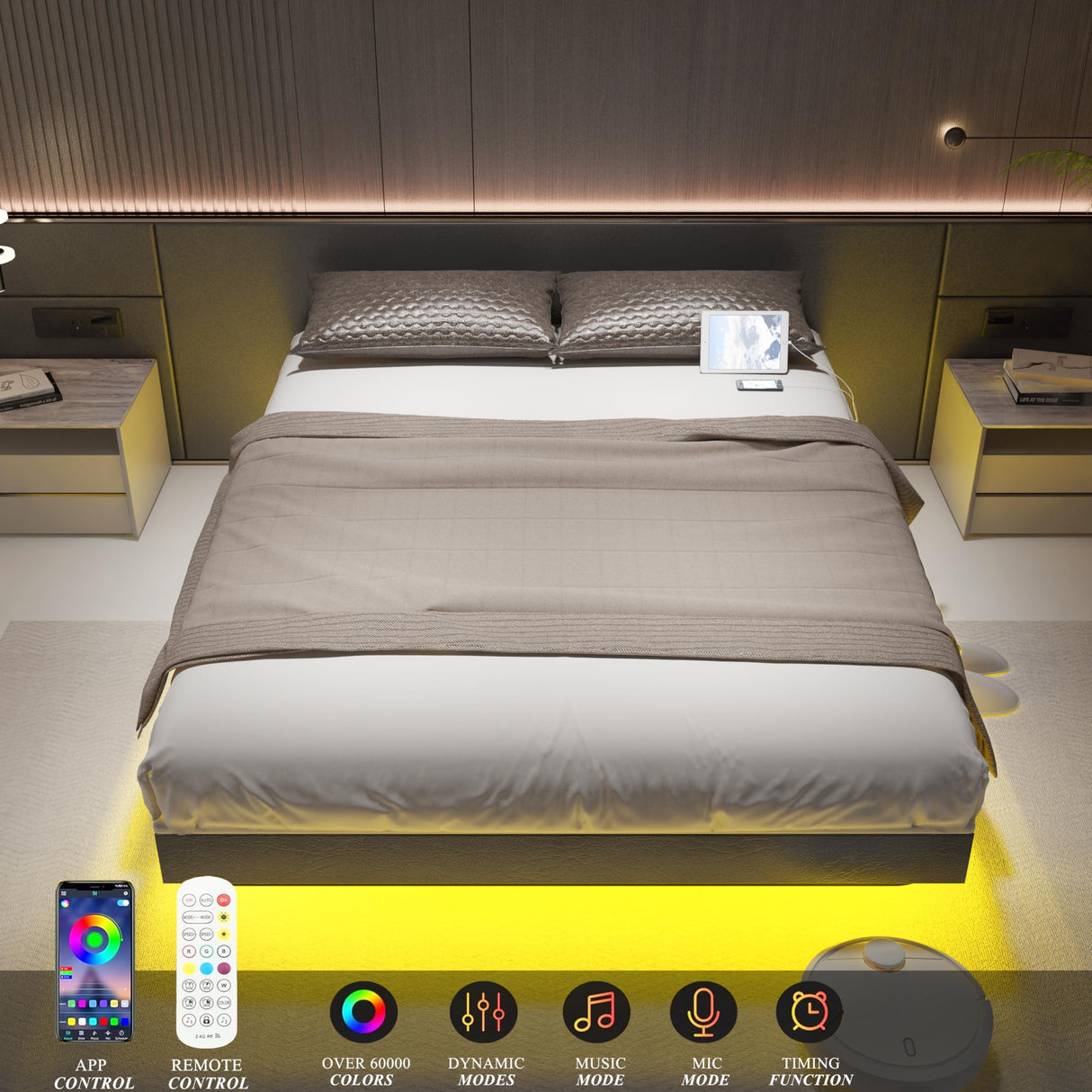 Muluflower King Size Floating Bed Frame with LED Lights and Charging Station - Modern Upholstered Metal Design, No Box Spring Required, Easy Assembly Muluflower