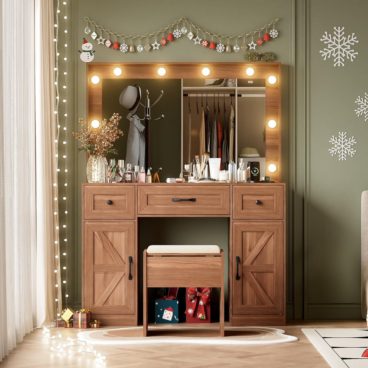 SPERTIKC Vanity Desk with Lights 3 Models Settings, Brown Vanity with Chair, Make up Vanity Desk with Mirror and Lights,Vanity with 5 Drawers for Bedroom, Dressing Room SPERTIKC