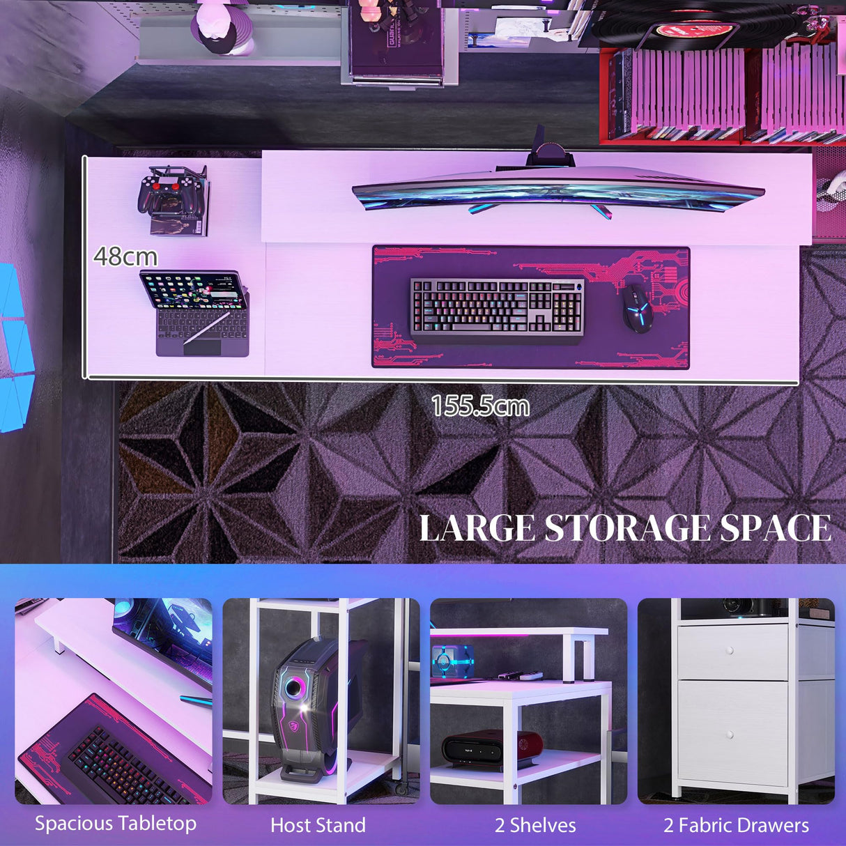 HOMCOM 61" Computer Desk with LED Lights, Power Outlets, and USB Ports, Gaming Desk with Storage Shelves, Monitor Stand, Fabric Drawers & Remote for Home Office Study, Distressed White HOMCOM