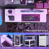 HOMCOM 61" Computer Desk with LED Lights, Power Outlets, and USB Ports, Gaming Desk with Storage Shelves, Monitor Stand, Fabric Drawers & Remote for Home Office Study, Distressed White HOMCOM