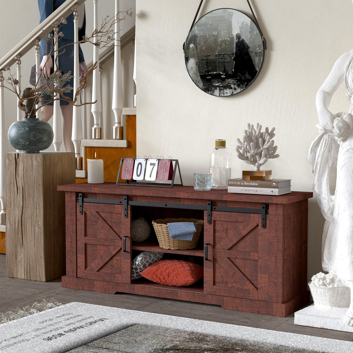 Farmhouse TV Stand for TVs up to 65+ Inch, Mid-Century Entertainment Center w/ Sliding Barn Doors and Storage Cabinets, Wood Rustic Media Console Table w/ Adjustable Shelf for Living Room, Barnwood YOUDENOVA