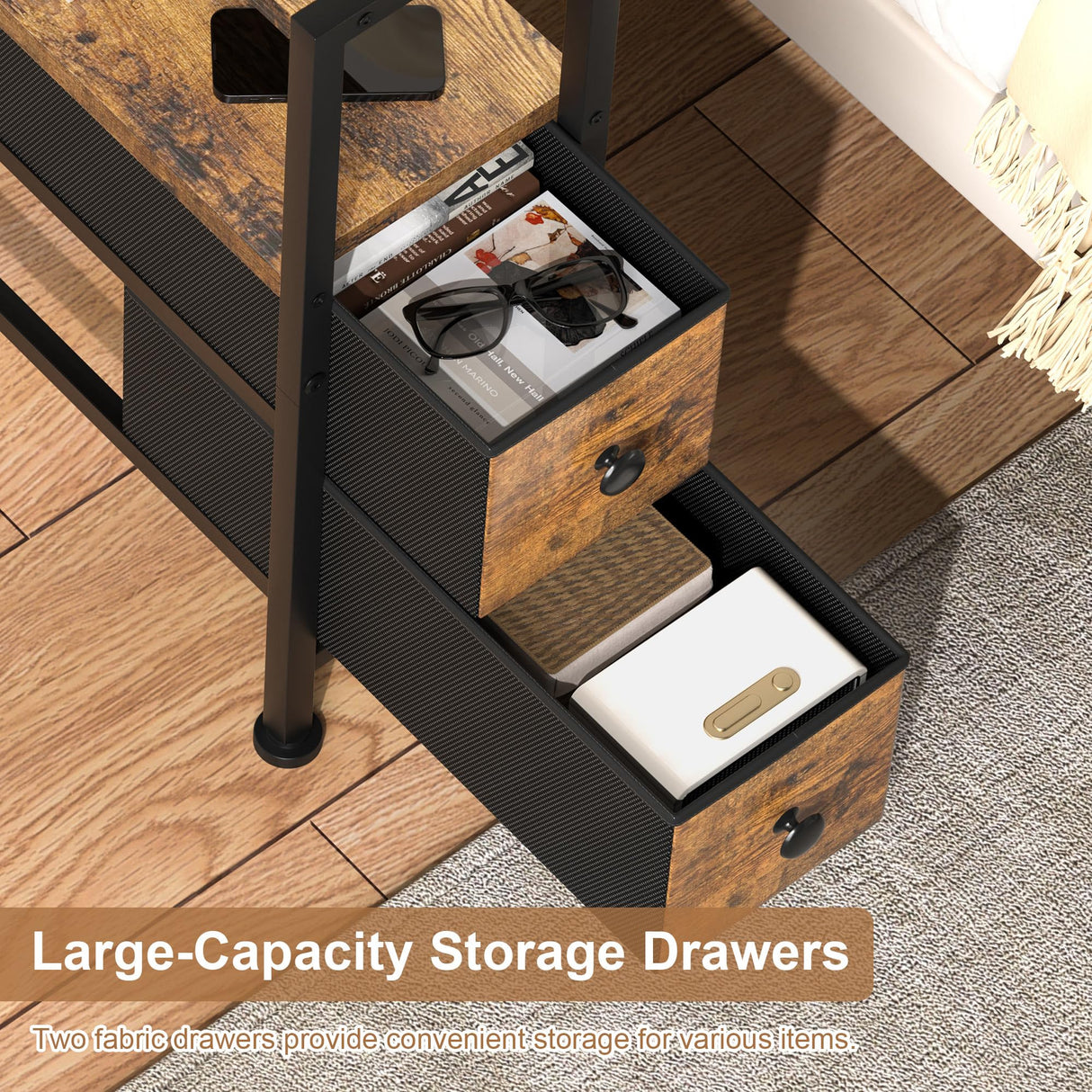 Small Narrow Side Table with Drawers, Skinny End Table for Small Spaces, Slim Nightstand with Storage, Sofa Bedside Table in Living Room, Bedroom, Study, Kitchen and Balcony (Rustic Brown) Homedawn