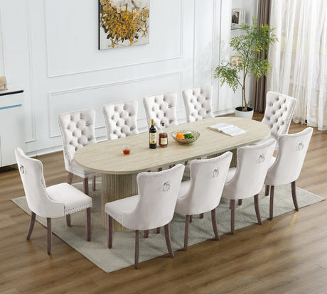 63"-94" Extendable Dining Table Set with 10 Beige Upholstered Chairs, 11 Piece Modern Oval Kitchen Table Set for 10 People, Space-Saving Expandable Dining Room Table Set with Wood Fluted Base Nimaolt