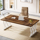 Tribesigns 70.86-Inch Executive Desk, Large Home Office Desk Computer Desk with Thick Metal Frame, Rectangle Study Writing Table Workstation for Home Office, Retro Brown & White Tribesigns