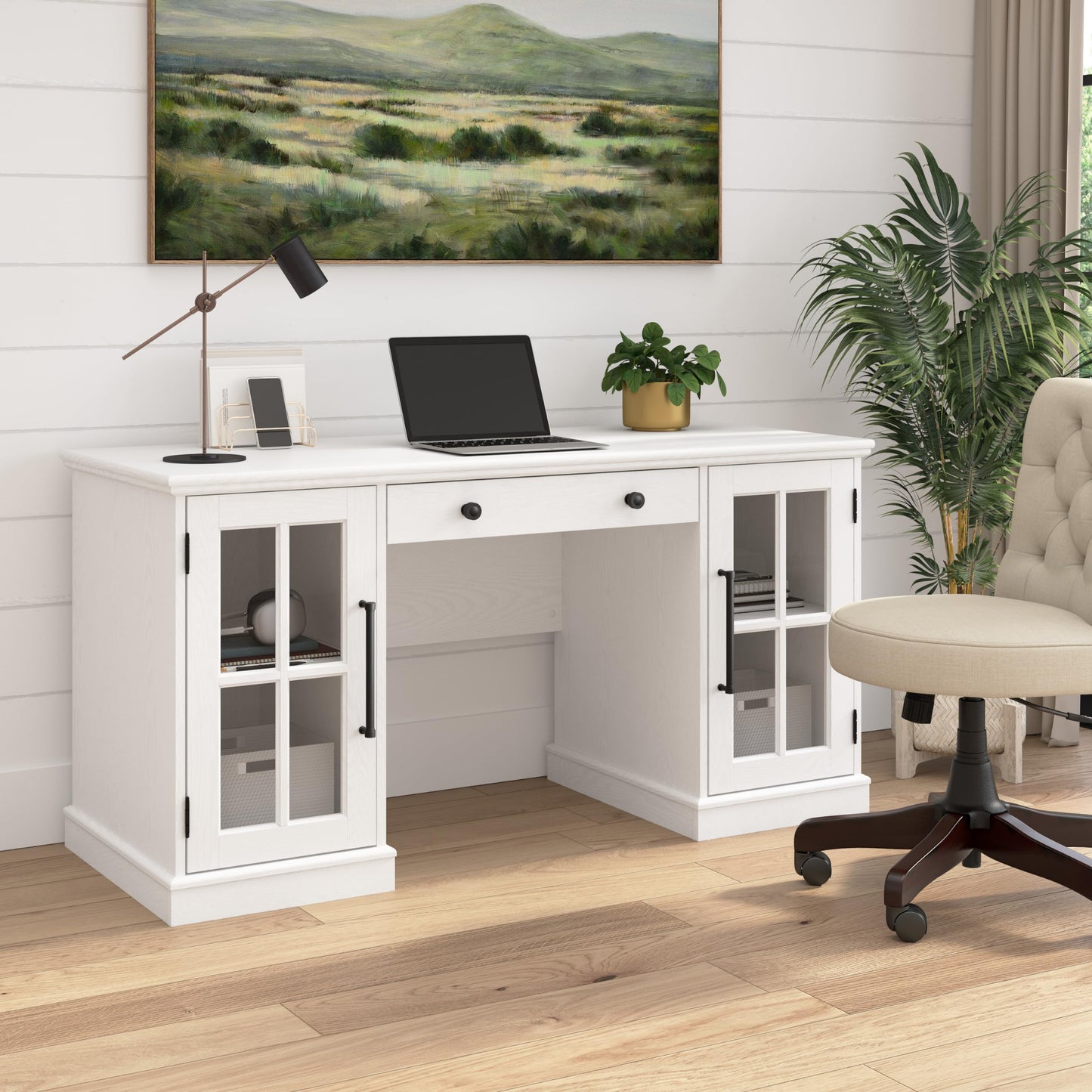 Bush Furniture Westbrook 60W Computer Desk with Storage and Keyboard Tray in White Ash | Farmhouse Desk for Home Office Workspace - WoodArtSupply