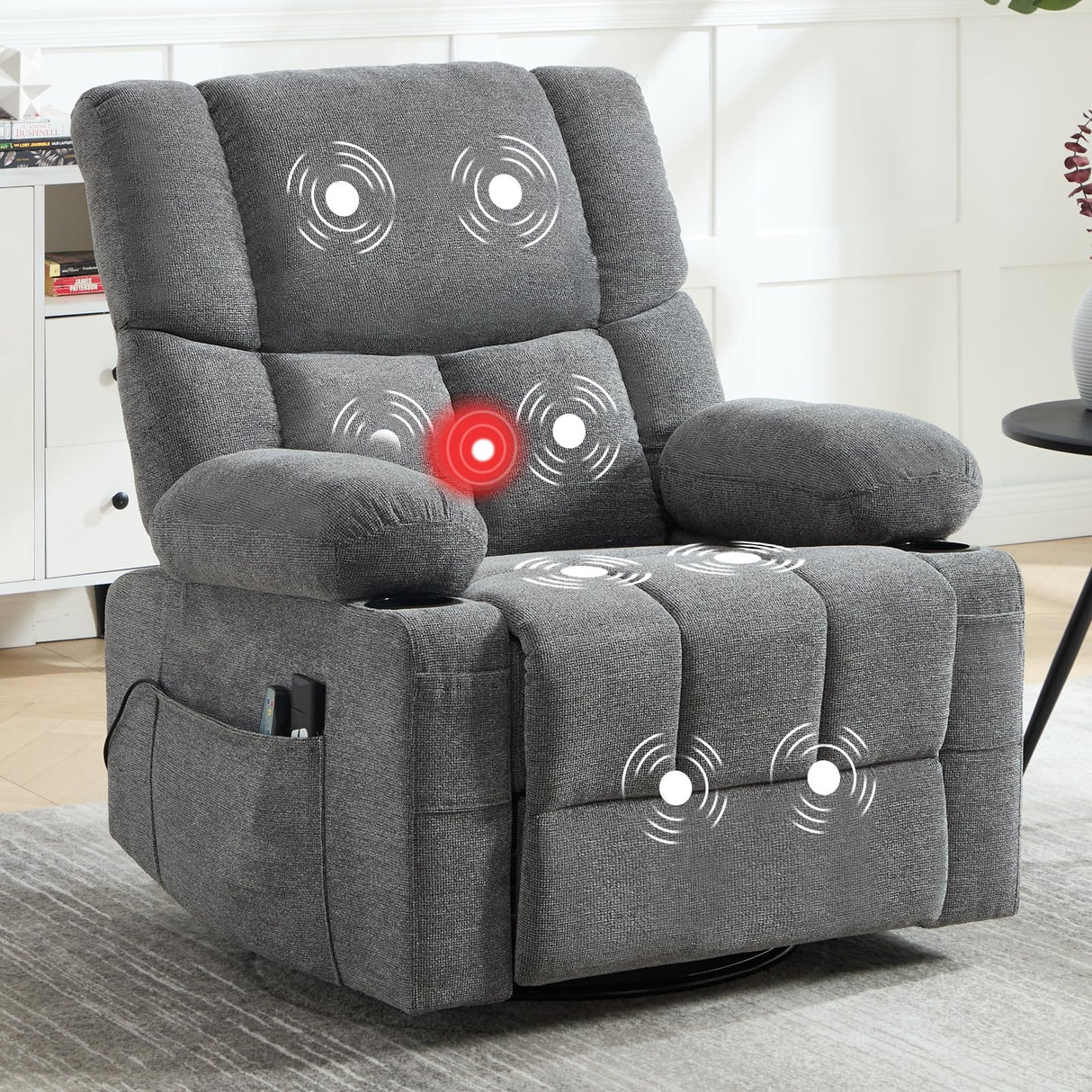 IOMOR Power Recliner Chair with Massage and Heating, 360° Swivel Rocker Glider Chair for Adults, Upholstered Fabric Reclining with Side Pockets and Cup Holder for Living Room, Nursery (1, Gray) IOMOR