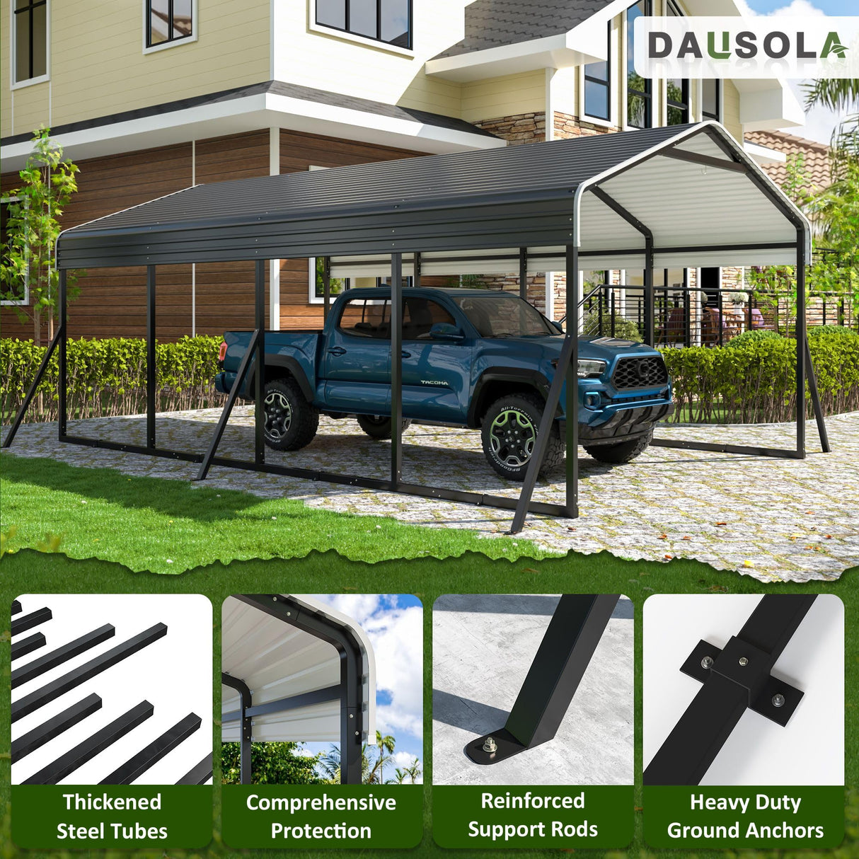 DAUSOLA Carport 12x20 FT Heavy Duty Carports Canopy with Updated Frame Structure Galvanized Steel Roof and Enhanced Base, Metal Carport Garage for Pickup, Boat, Car and Tractors DAUSOLA