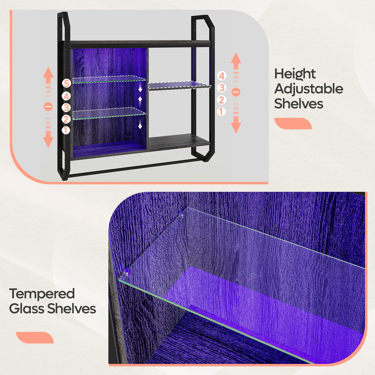 Bestier 34" LED Floating Shelves with Adjustable Glass Display, Industrial Pipe Design for Gaming & Home Decor Bestier