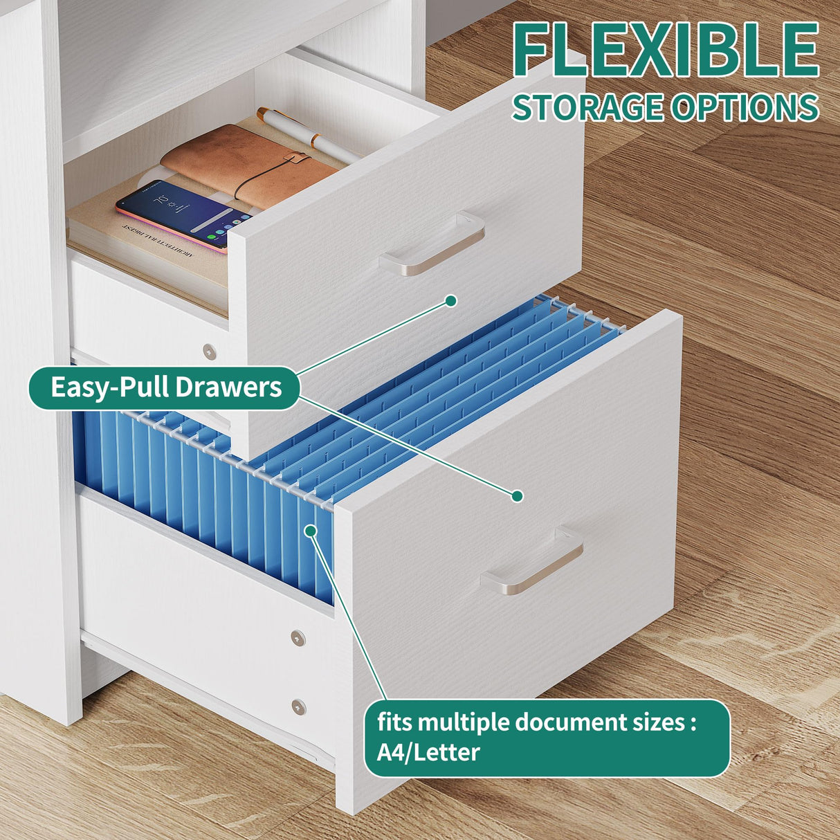 YITAHOME Computer Desk with Drawers, 47.2" Office Desk with Power Outlets & LED Light, Home Office Desk with Storage Shelves, White YITAHOME