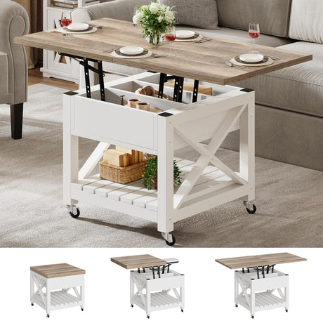 YITAHOME Lift Top Coffee Table with Wheels, Farmhouse Square Coffee Tables for Living Room, 2 Tier Small Coffee Table with Storage Compartment Rustic Wood Cocktail Table Dining Table, Grey Wash YITAHOME
