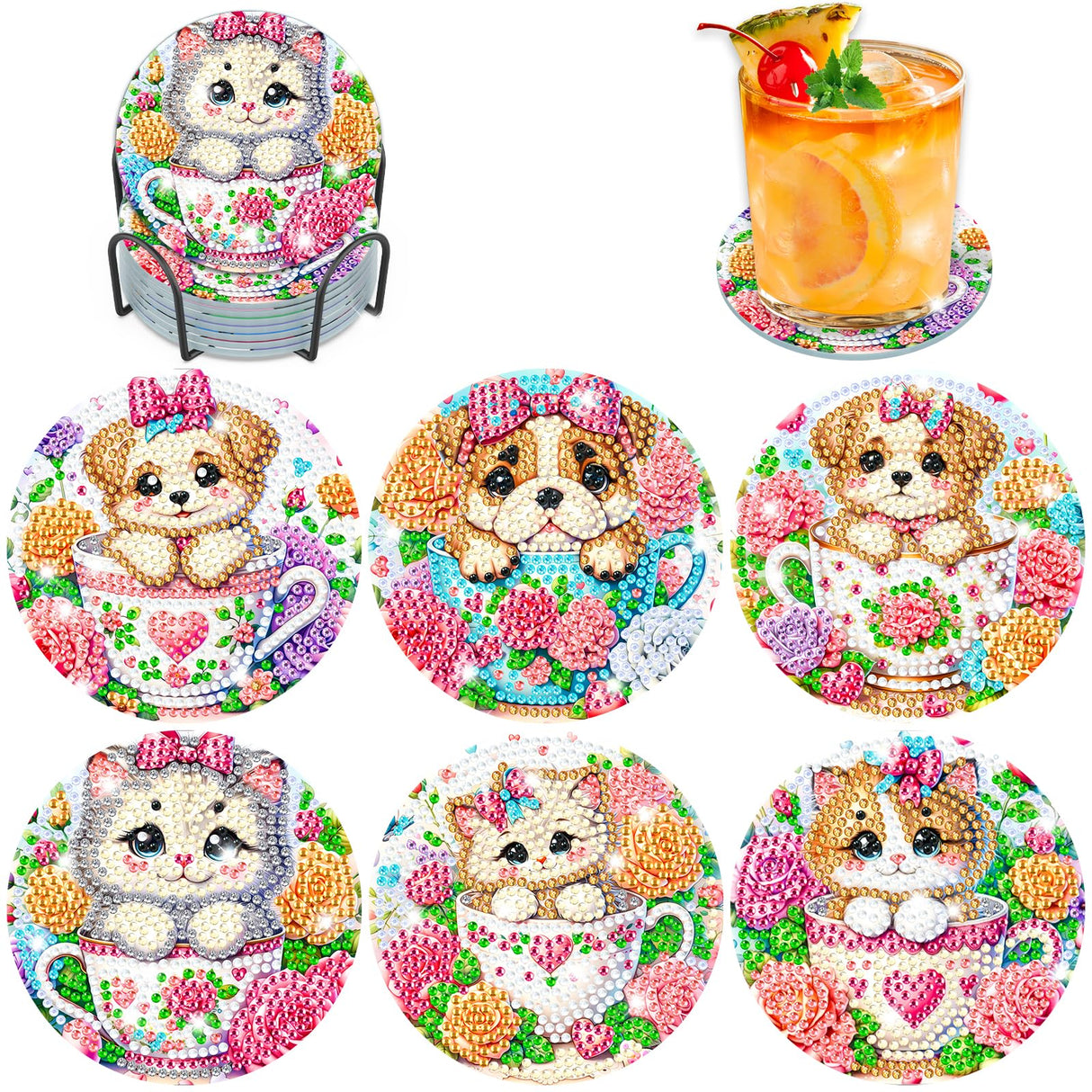 Bowetile 6PCS Flowers Diamond Art Painting Coasters Kit with Holder, Cat Diamond Art Kits for Adults Beginners, Dog Gem Art Kits for Adults, Arts and Crafts Kits for Adults for Home Decor Bowetile