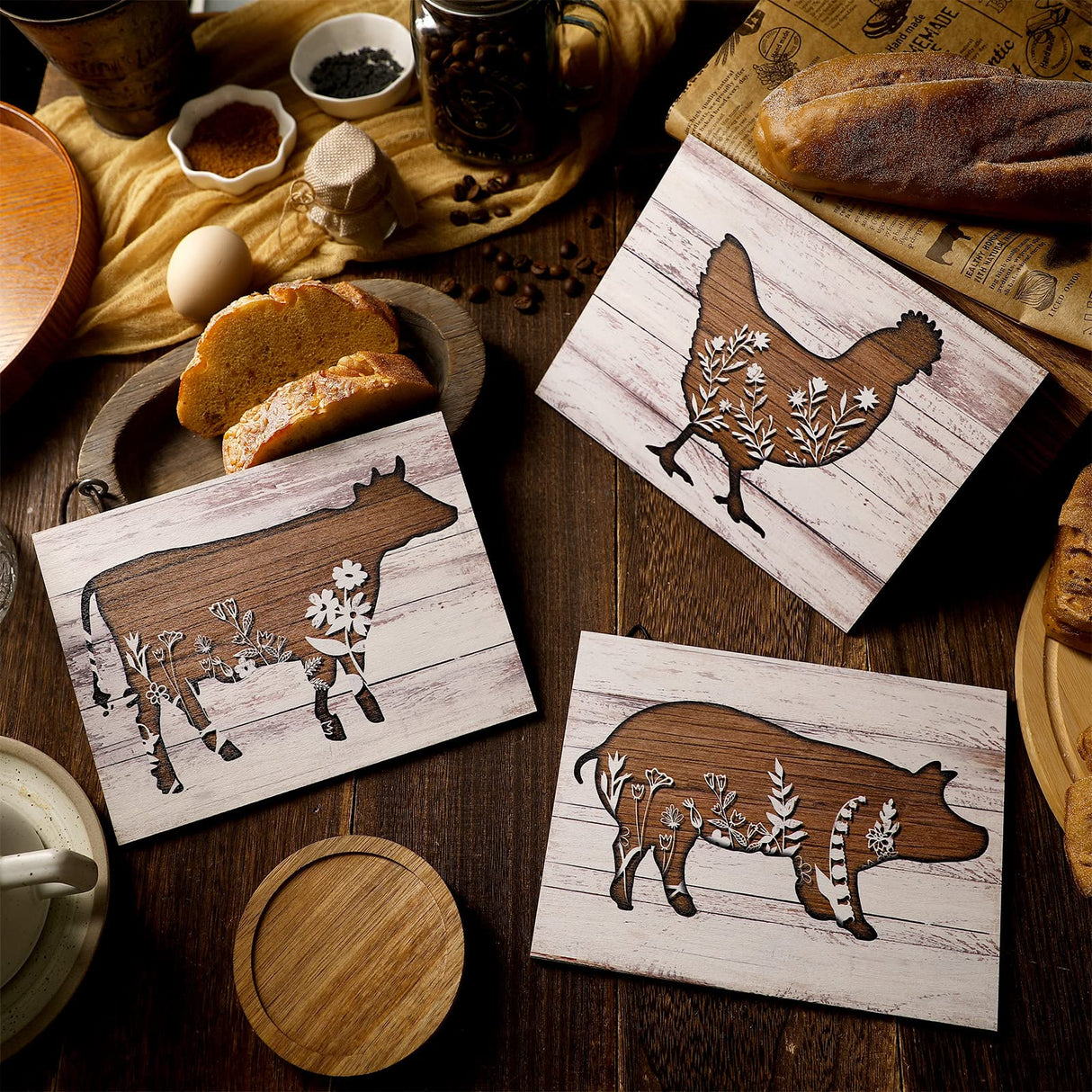 Jetec 3 Pieces Farmhouse Kitchen Signs Cow Rooster and Pig Decors 7.9 x 5.9 Inch Rustic Wooden Signs Country Wall Decorations for Kitchen Wall Decor and Home Decor (Cute Style) Jetec