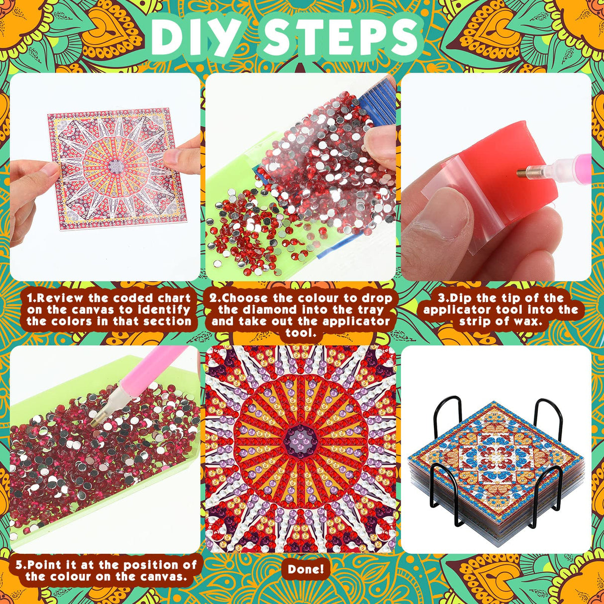 Purpeak 8 Pcs Diamond Coasters Diamond Painting Coasters DIY Mandala Kits with Holder Square Boho Paisley Art 5d Kits for Beginners Adults Craft Purpeak