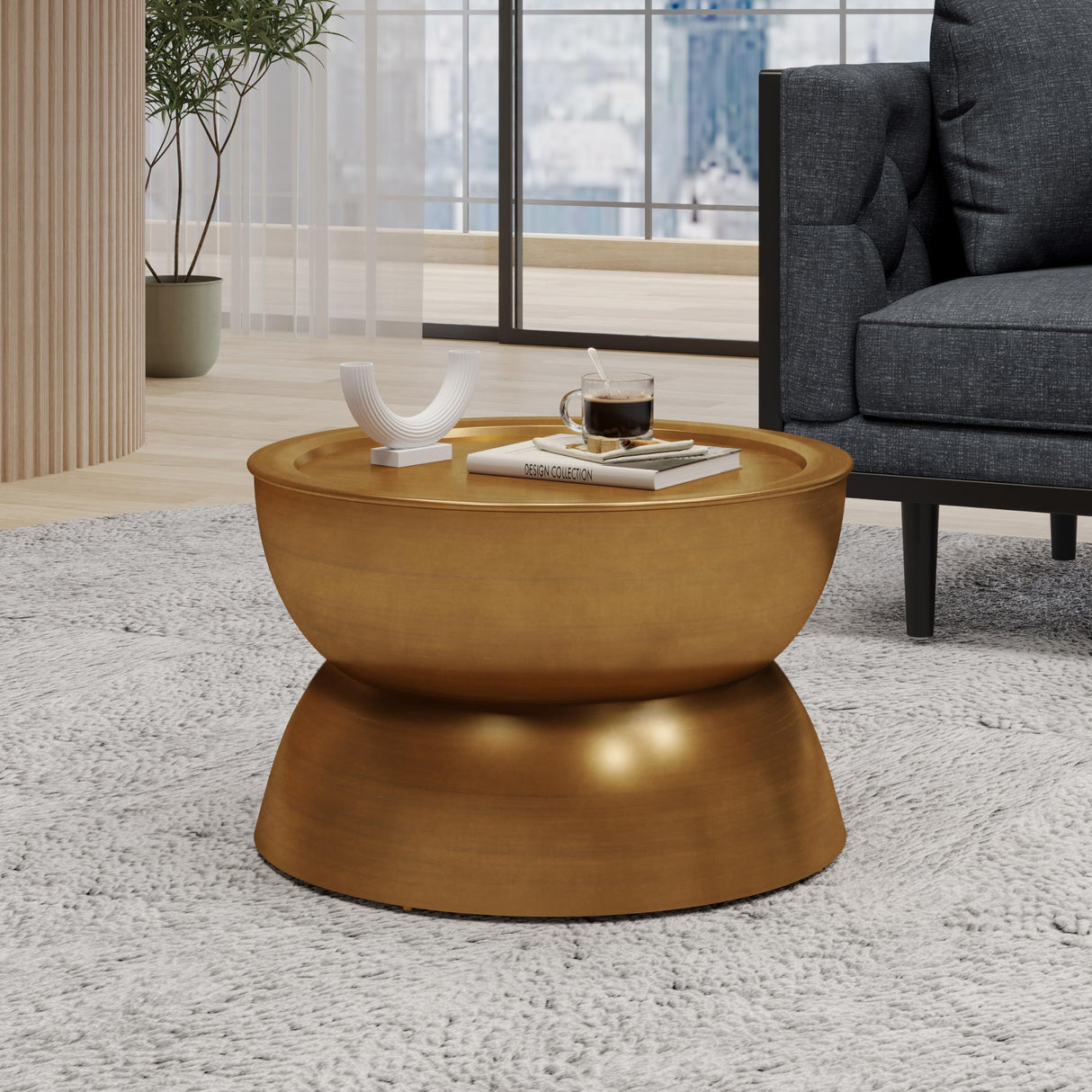 Merax Metal Hammered Coffee Table 24.25" Round Tabletop, Modern Iron Hourglass Coffee Table for Living Room, No Assembly Required, Bear 150lbs, Gold Merax