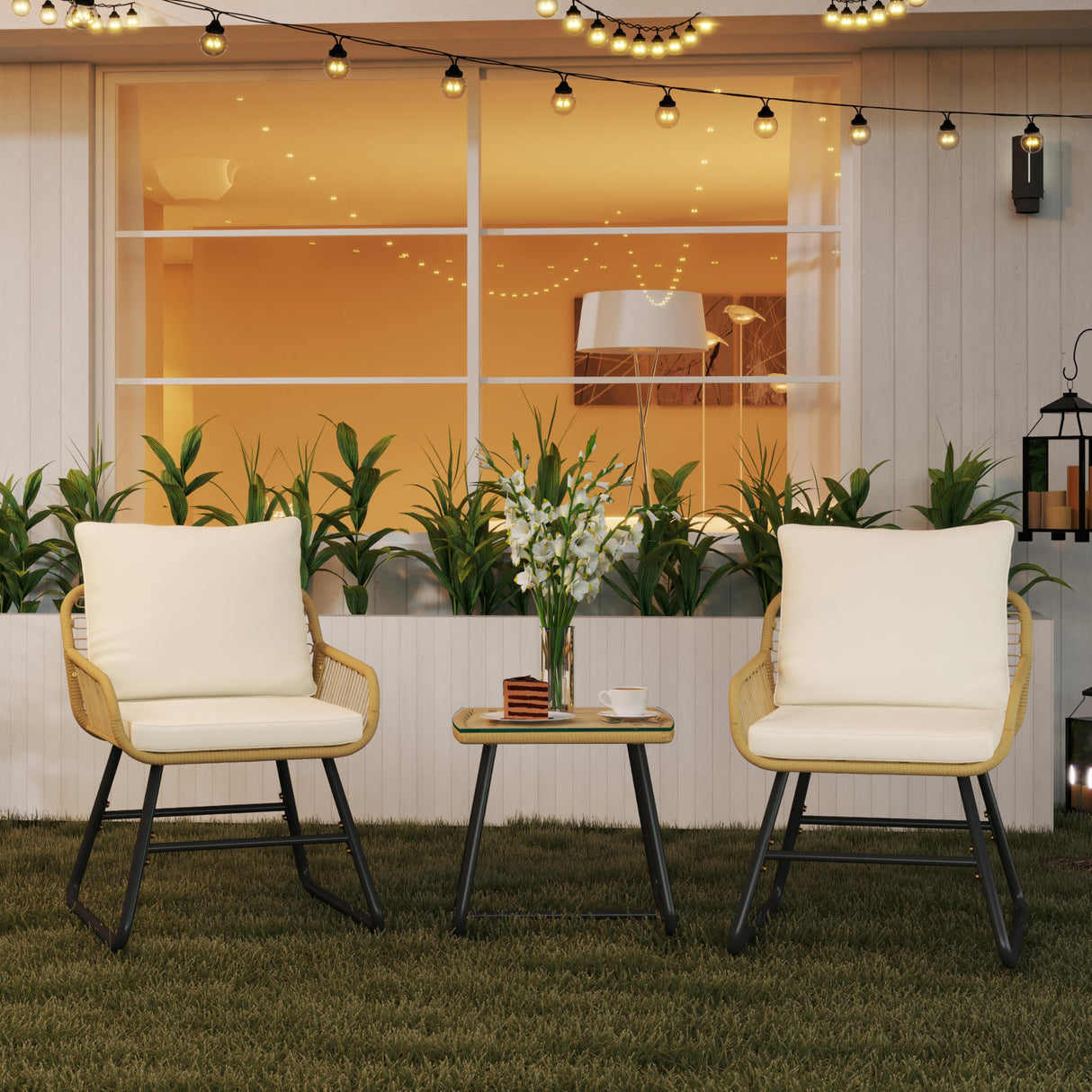 Yaheetech 3 Piece Patio Bistro Set Outdoor Wicker Bistro Furniture Sets, 2 Rattan Chairs and Glass Top Table for Patio, Balcony, Porch, Poolside, Backyard - Tan/Cream Yaheetech