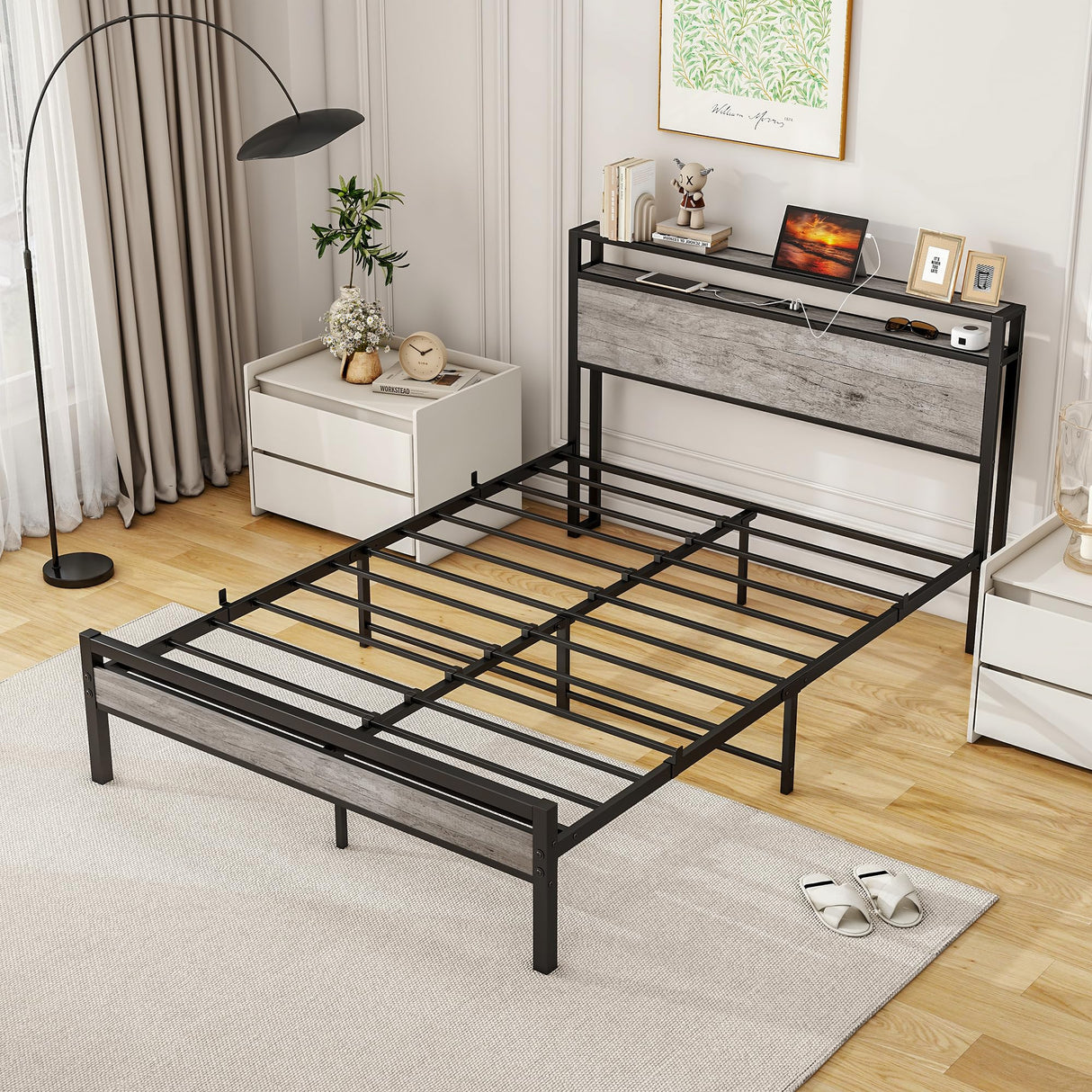 BOFENG Heavy Duty Full Size Bed Frame with Storage Headboard and Charging Station, Grey Oak BOFENG