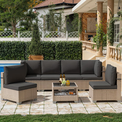Aukreolis 7 Pieces Patio Furniture Set, Outdoor Sectional Wicker Sofa with Thick Cushions and Storage Coffee Table, Rattan Patio Conversation Sets for Deck Yard Poolside, Black