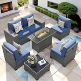 VONZOY 7 Piece Patio Furniture Set with Fire Pit Table, Outdoor Conversation Sets Wicker Rattan Sectional Sofa with Coffee Table, 4'' Thickened Cushion Navy Blue (Include Waterproof Cover) VONZOY