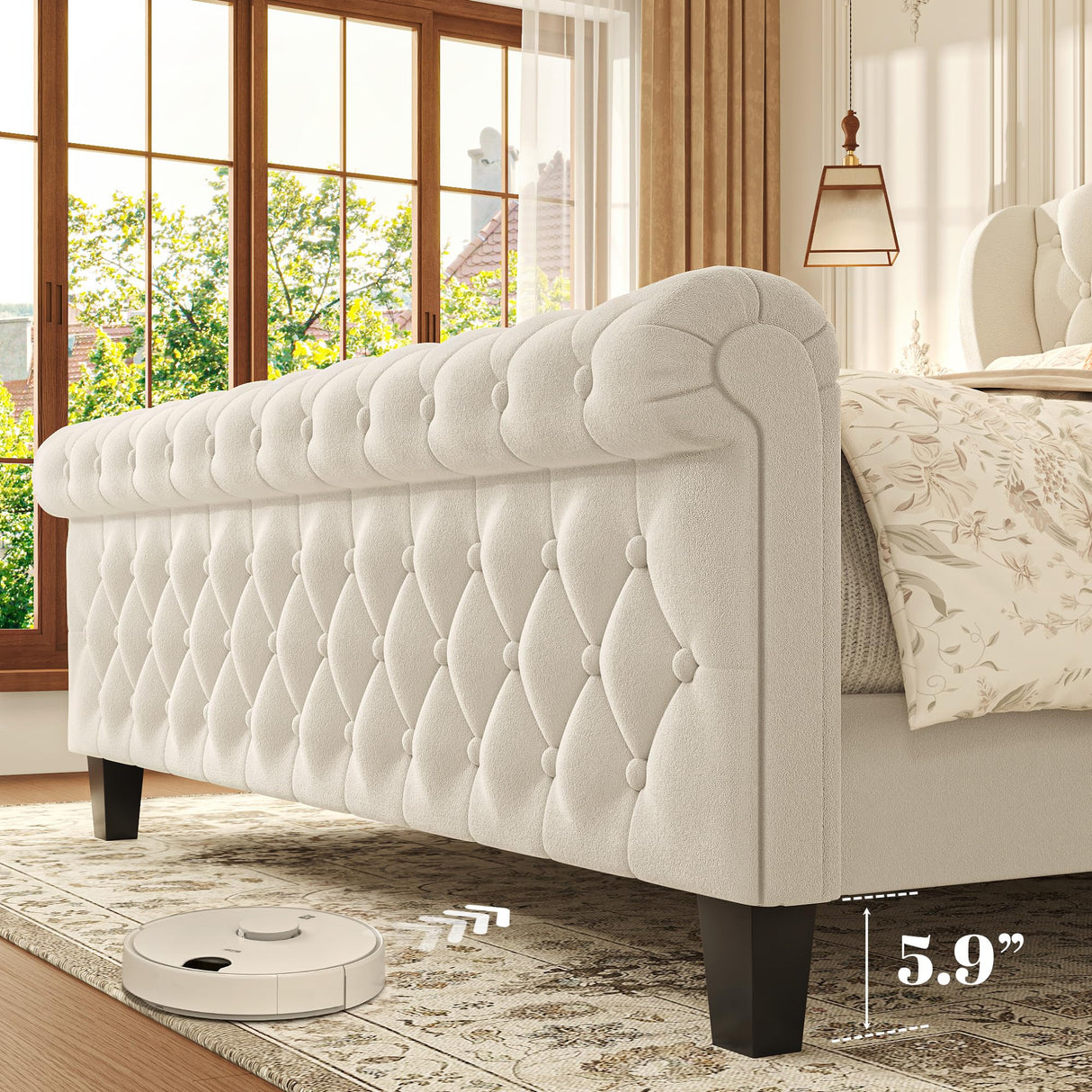 HISOFT Queen Bed Frame, 39" Tall Velvet Upholstered Sleigh Bed with Wingback Headboard & Scroll Footboard, No Box Spring Needed, Sturdy Support, Easy Assembly, Noise Free, Button Tufted, White HISOFT