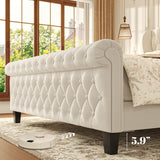 HISOFT Queen Bed Frame, 39" Tall Velvet Upholstered Sleigh Bed with Wingback Headboard & Scroll Footboard, No Box Spring Needed, Sturdy Support, Easy Assembly, Noise Free, Button Tufted, White HISOFT