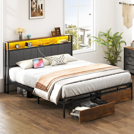 SogesSleep Queen Bed Frame with Headboard, Upholstered Bed Frame Queen Size with Storage and Charging Station & LED Lights, No Box Spring Needed Bed Frame, Noise Free & Easy Assembly SogesSleep